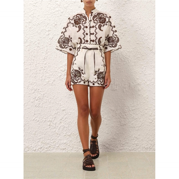 Zimmermann Ascension Embroidered Skjorte, Ivory/Chocolate